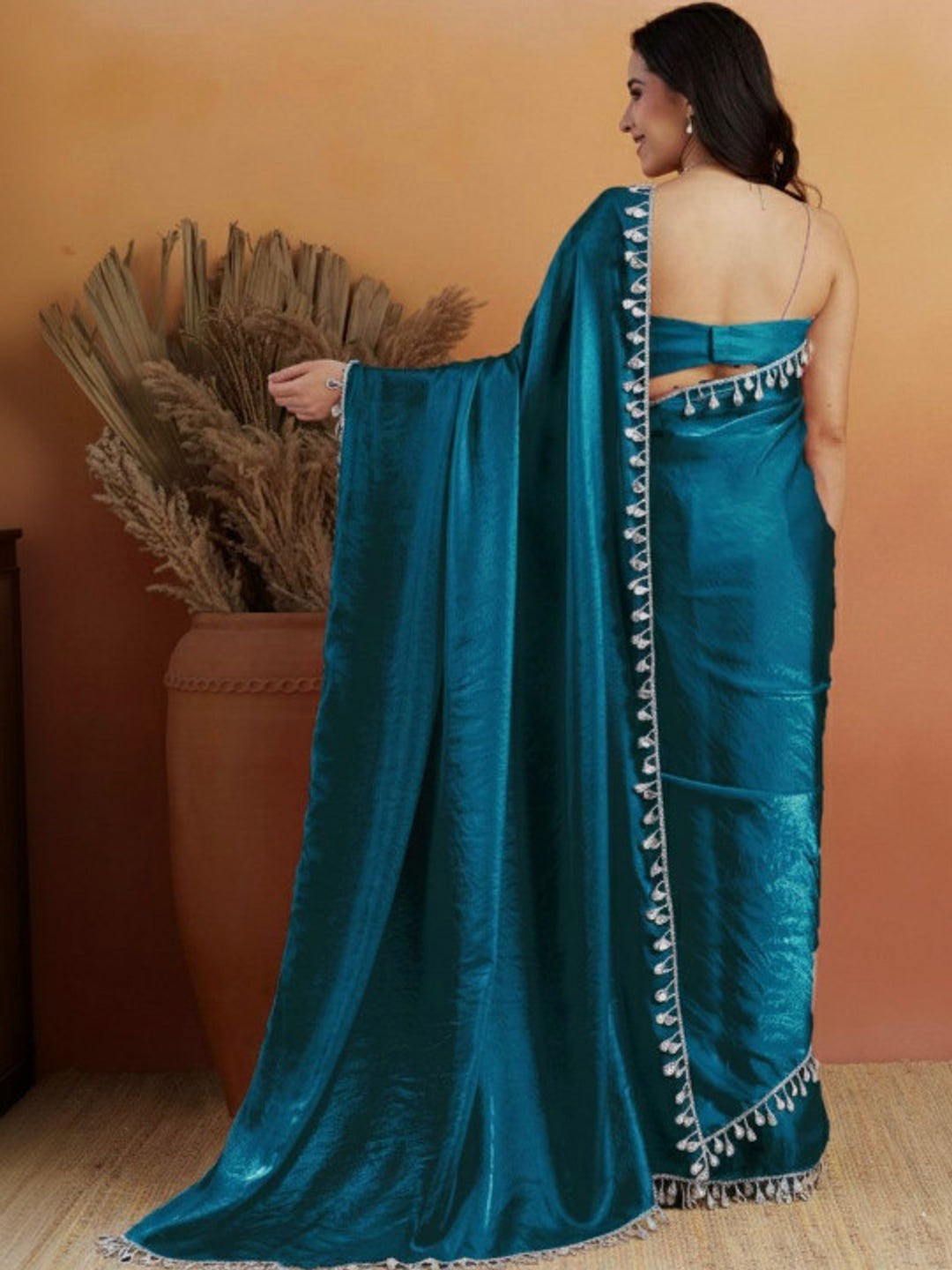 Peachmode Teal Solid Satin Saree with Elegant Gotta Patti Lace Border - Image 4