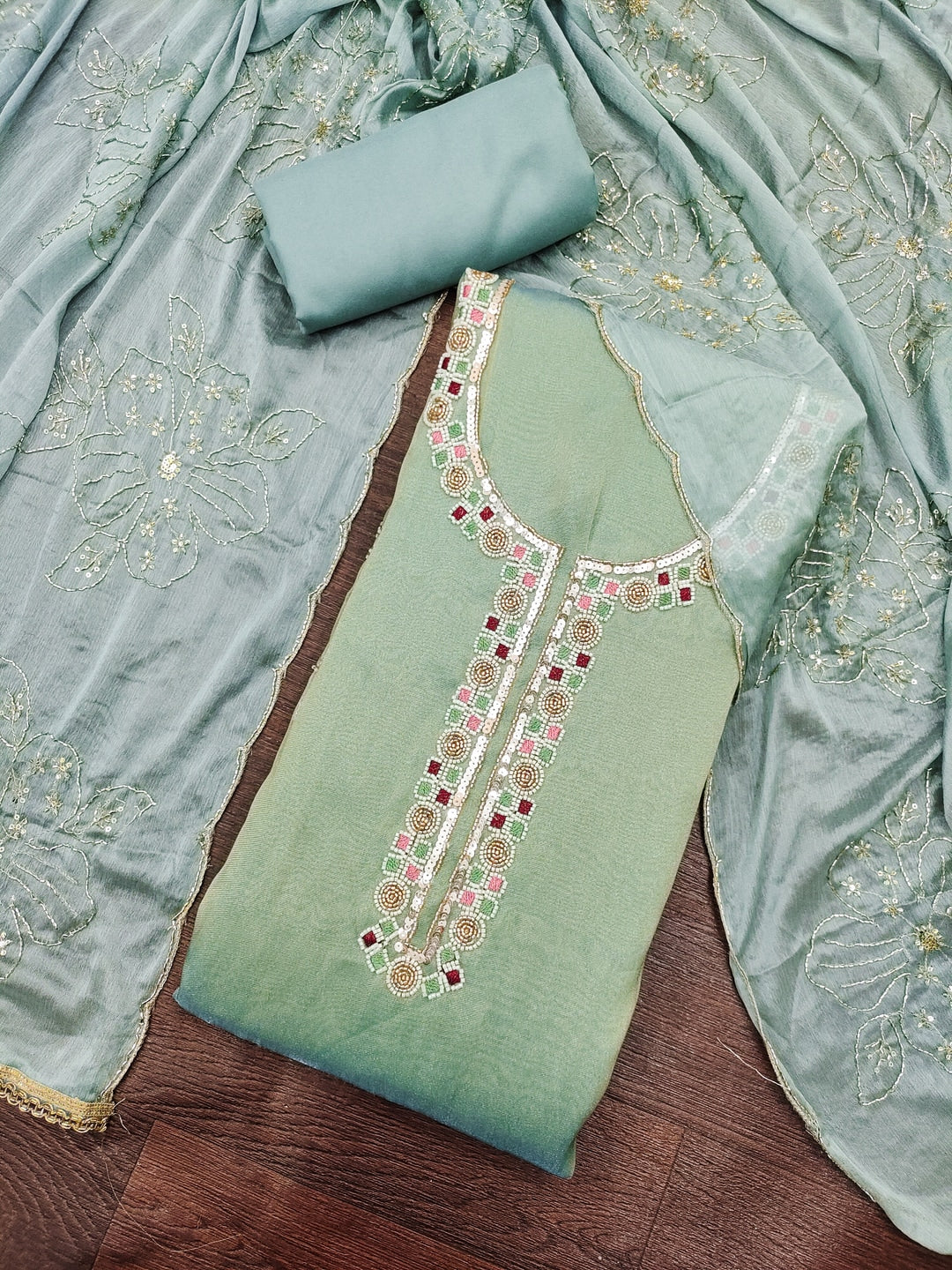Peachmode Green Embroidered Viscose Unstitched Dress Material - Image 4