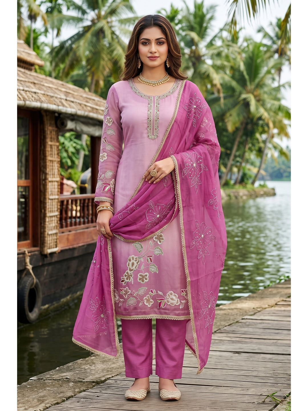 Peachmode Pink Embroidered Viscose Unstitched Dress Material - Image 2