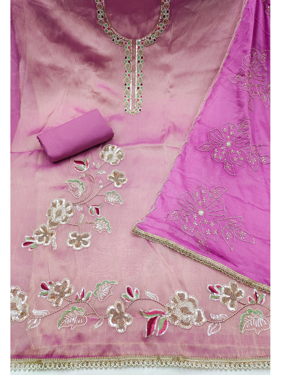 Peachmode Pink Embroidered Viscose Unstitched Dress Material - Image 3