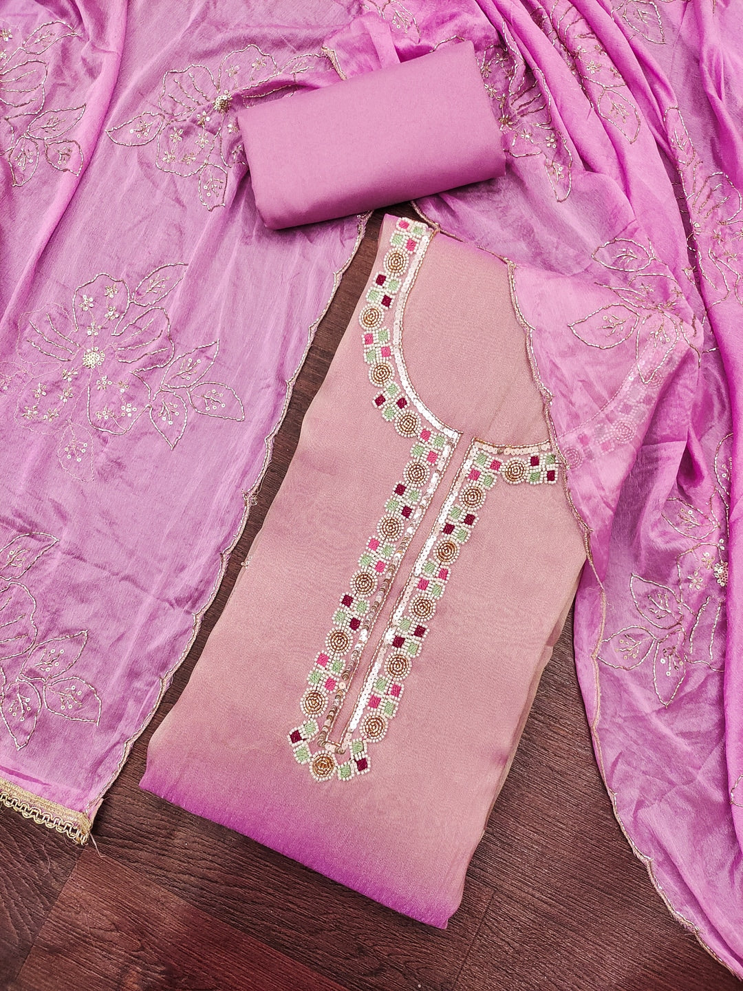 Peachmode Pink Embroidered Viscose Unstitched Dress Material - Image 4