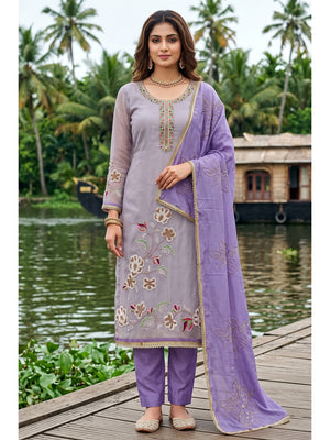 Peachmode Lavender Embroidered Viscose Unstitched Dress Material - Image 2