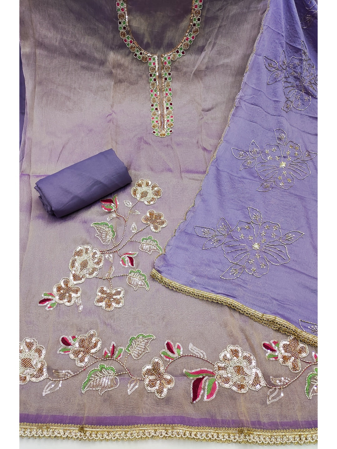 Peachmode Lavender Embroidered Viscose Unstitched Dress Material - Image 3
