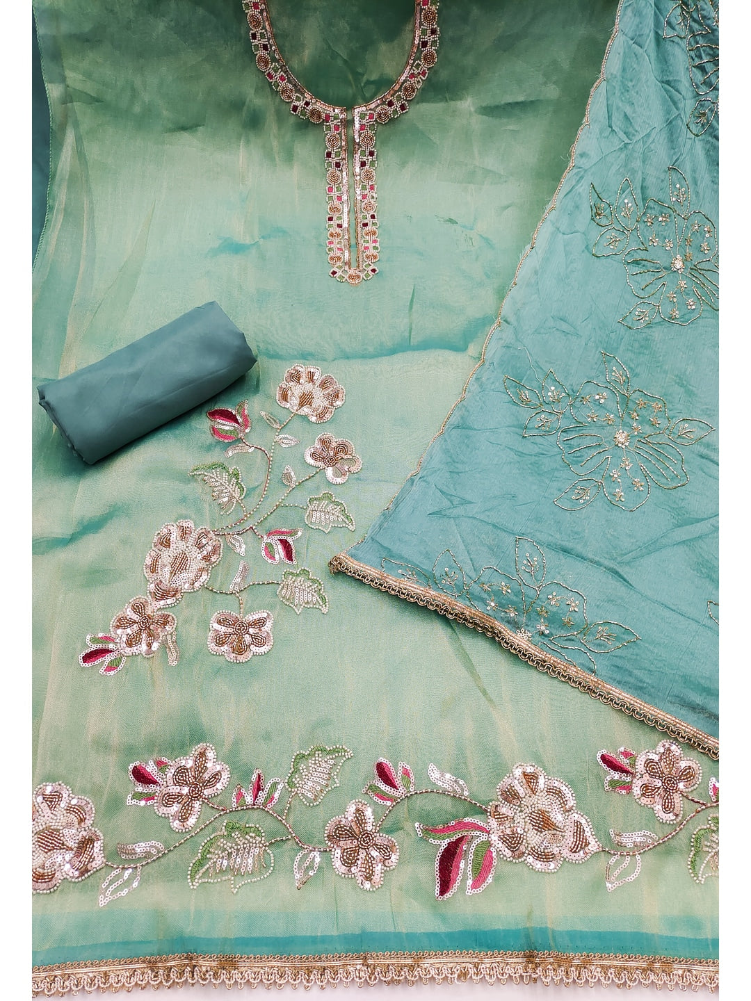 Peachmode Turquoise Embroidered Viscose Unstitched Dress Material - Image 3