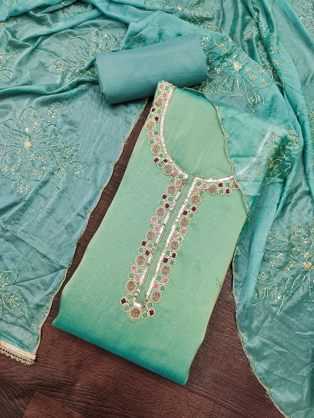Peachmode Turquoise Embroidered Viscose Unstitched Dress Material - Image 4
