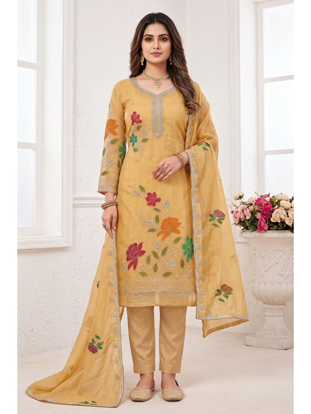 Peachmode Chikoo Floral Viscose Unstitched Dress Material - Image 2