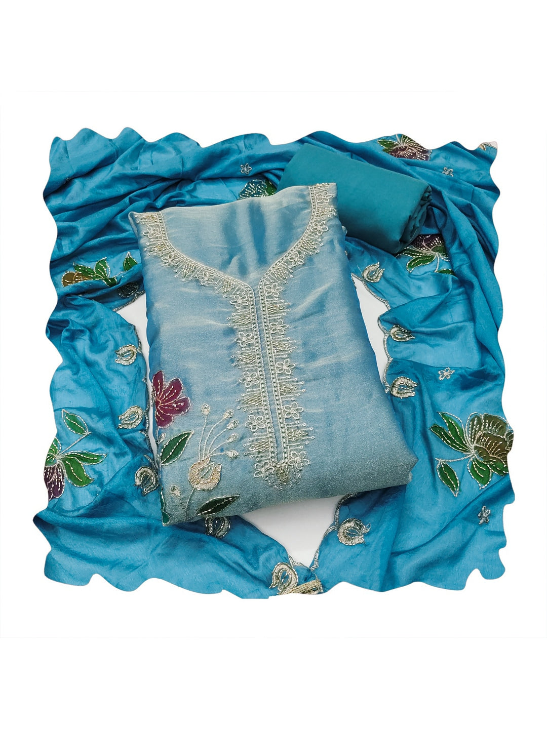Peachmode Blue Floral Viscose Unstitched Dress Material - Image 1