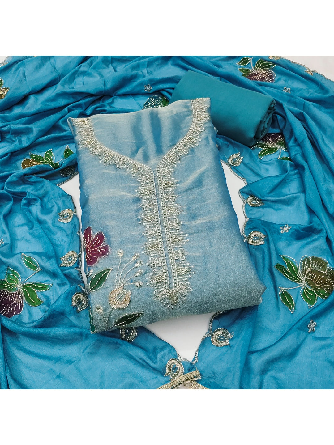 Peachmode Blue Floral Viscose Unstitched Dress Material - Image 5