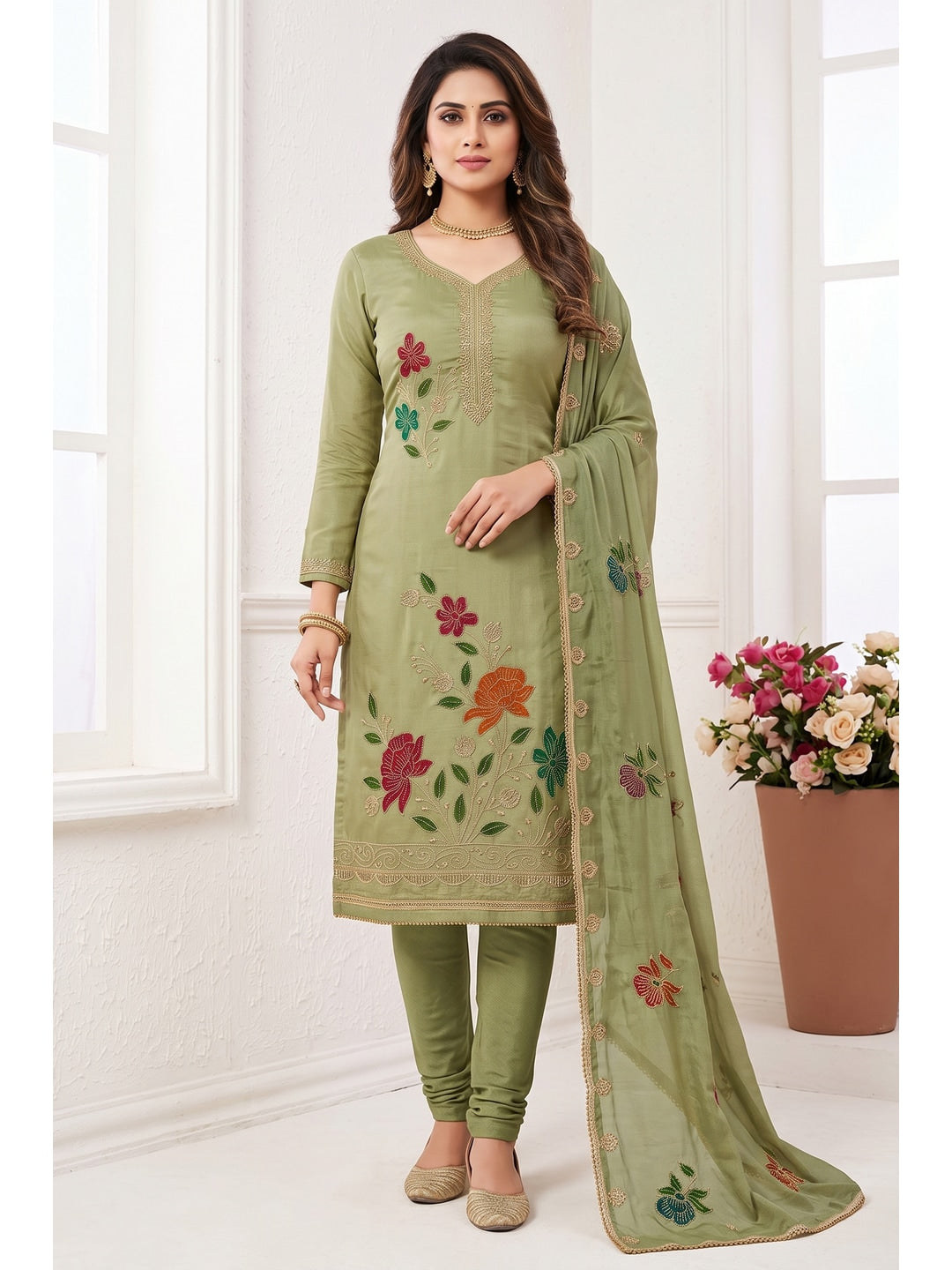 Peachmode Green Floral Viscose Unstitched Dress Material - Image 2