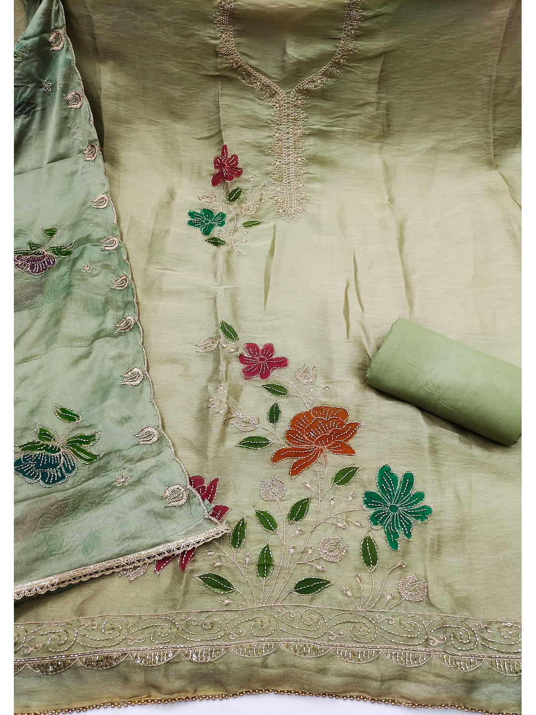 Peachmode Green Floral Viscose Unstitched Dress Material - Image 3