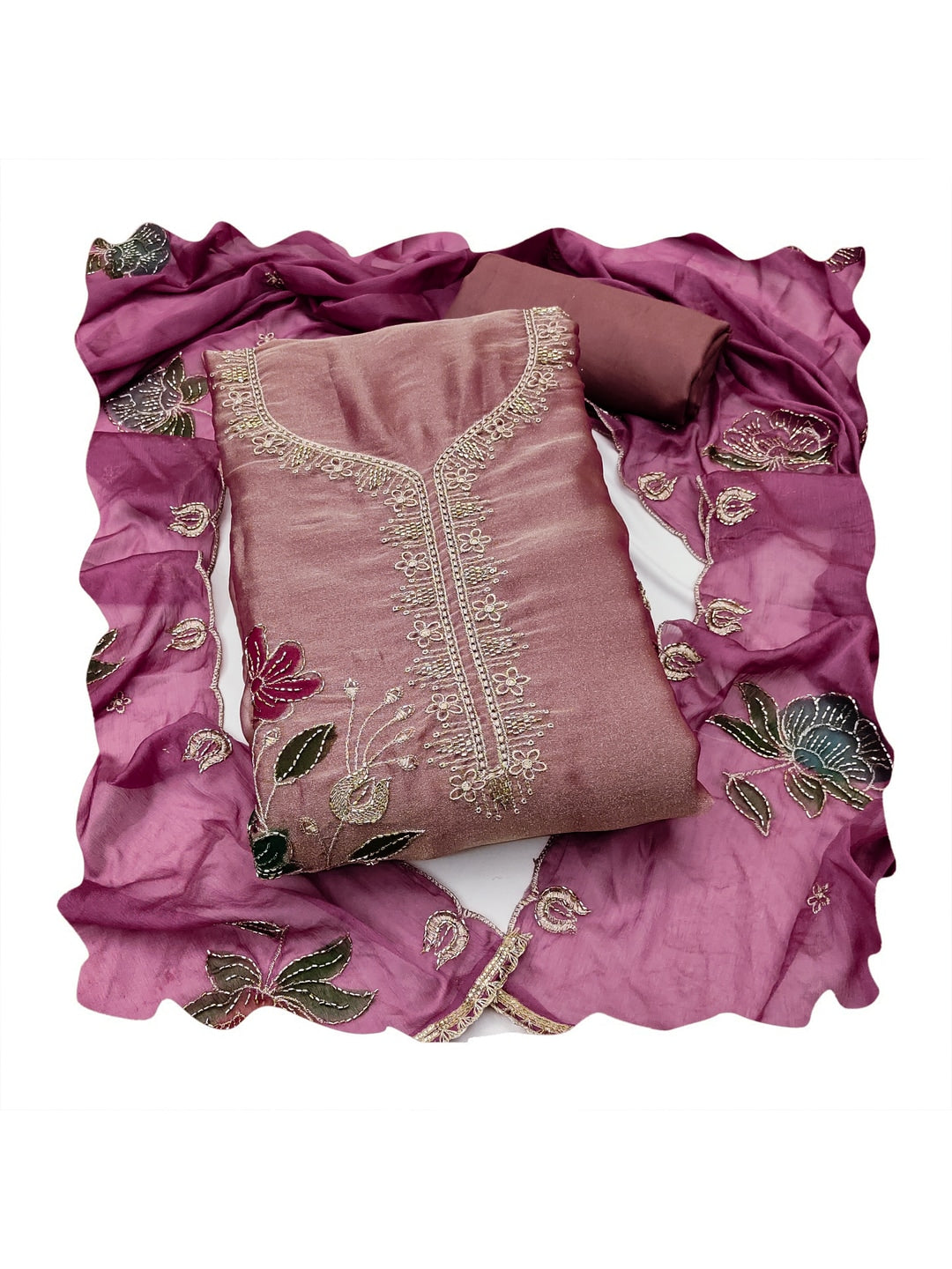 Peachmode Mauve Floral Viscose Unstitched Dress Material - Image 1