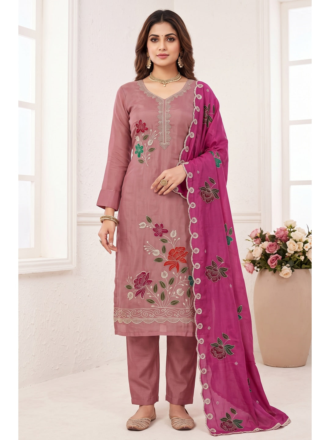 Peachmode Mauve Floral Viscose Unstitched Dress Material - Image 2