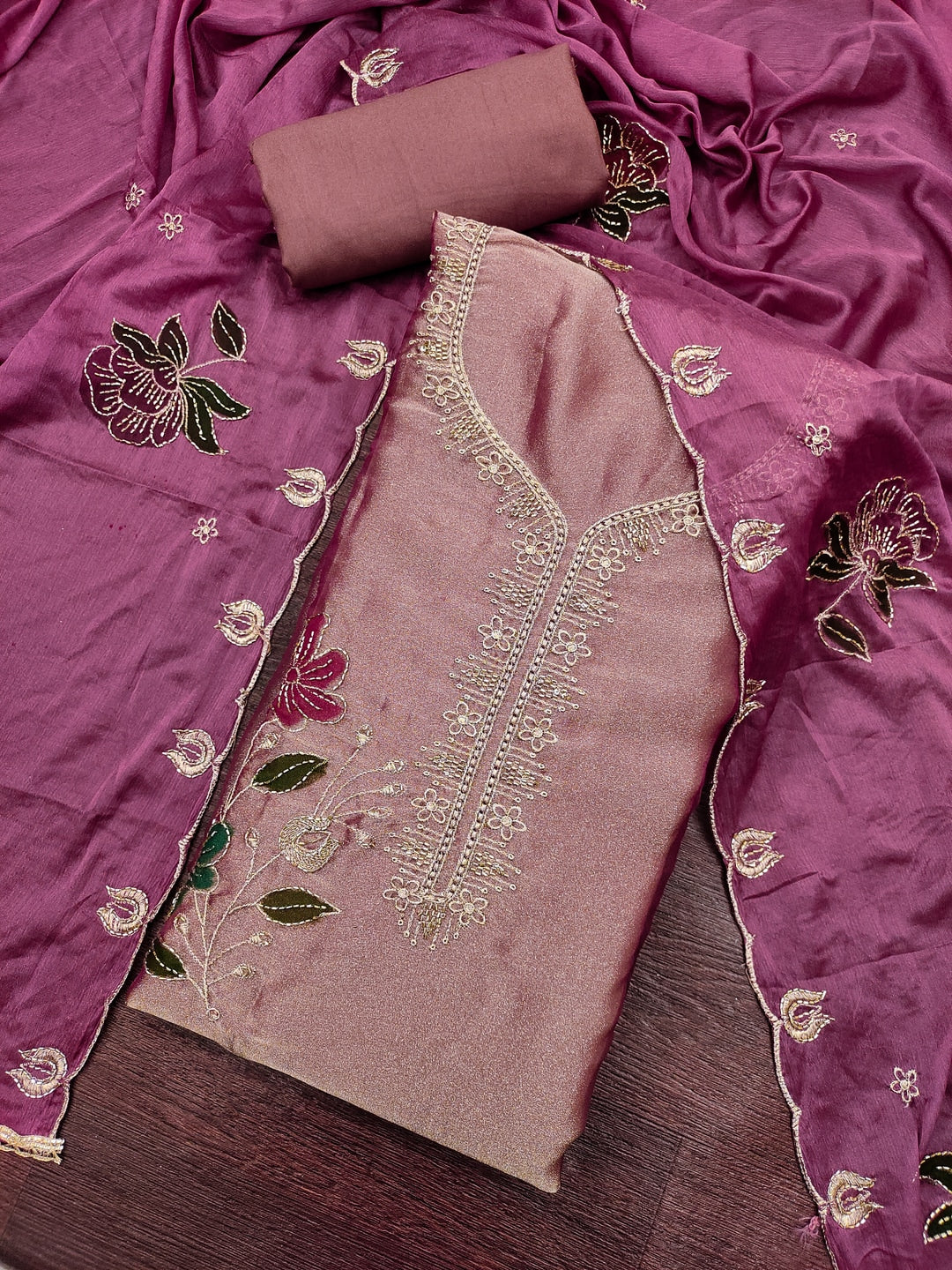Peachmode Mauve Floral Viscose Unstitched Dress Material - Image 4