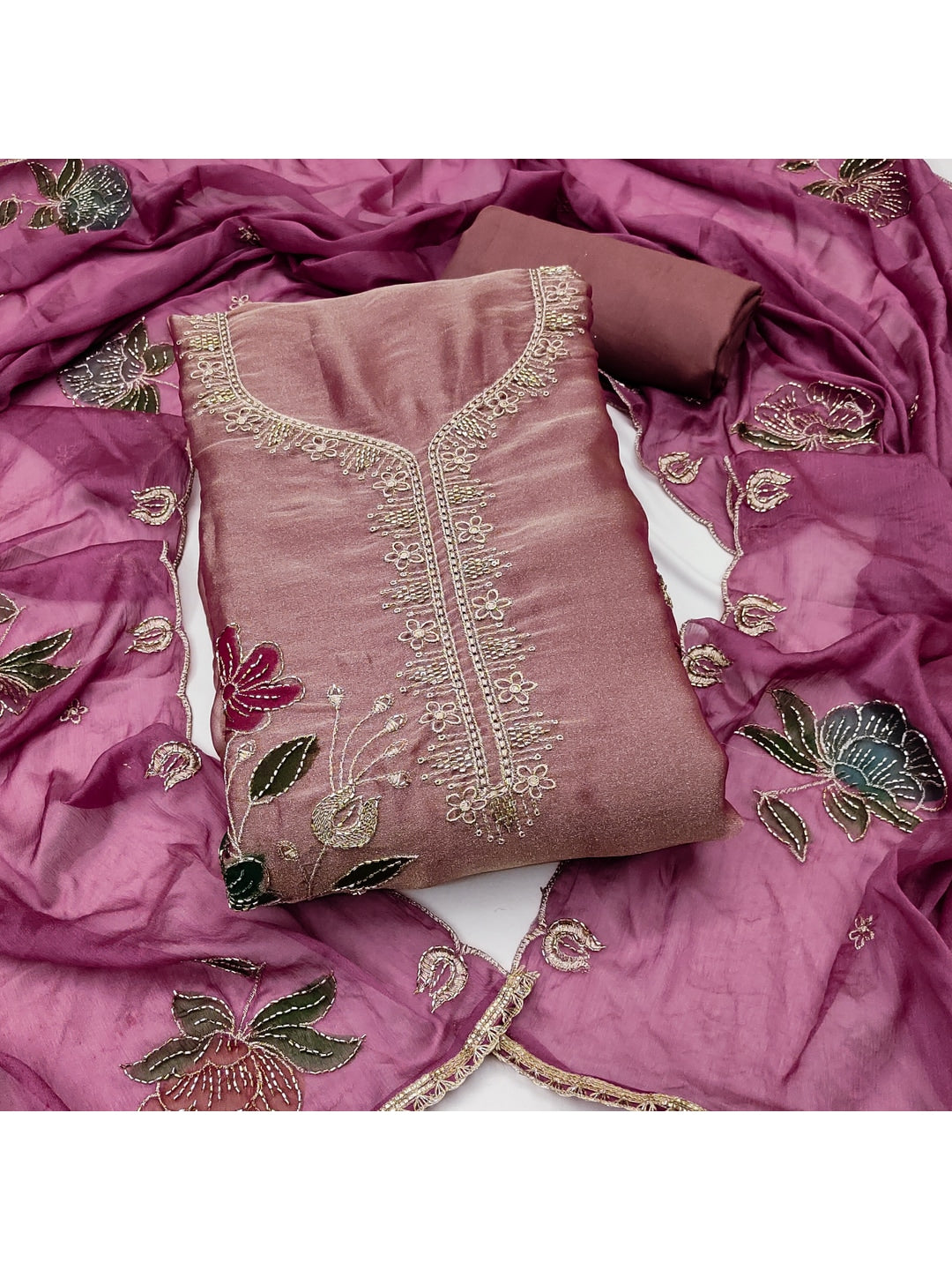 Peachmode Mauve Floral Viscose Unstitched Dress Material - Image 5