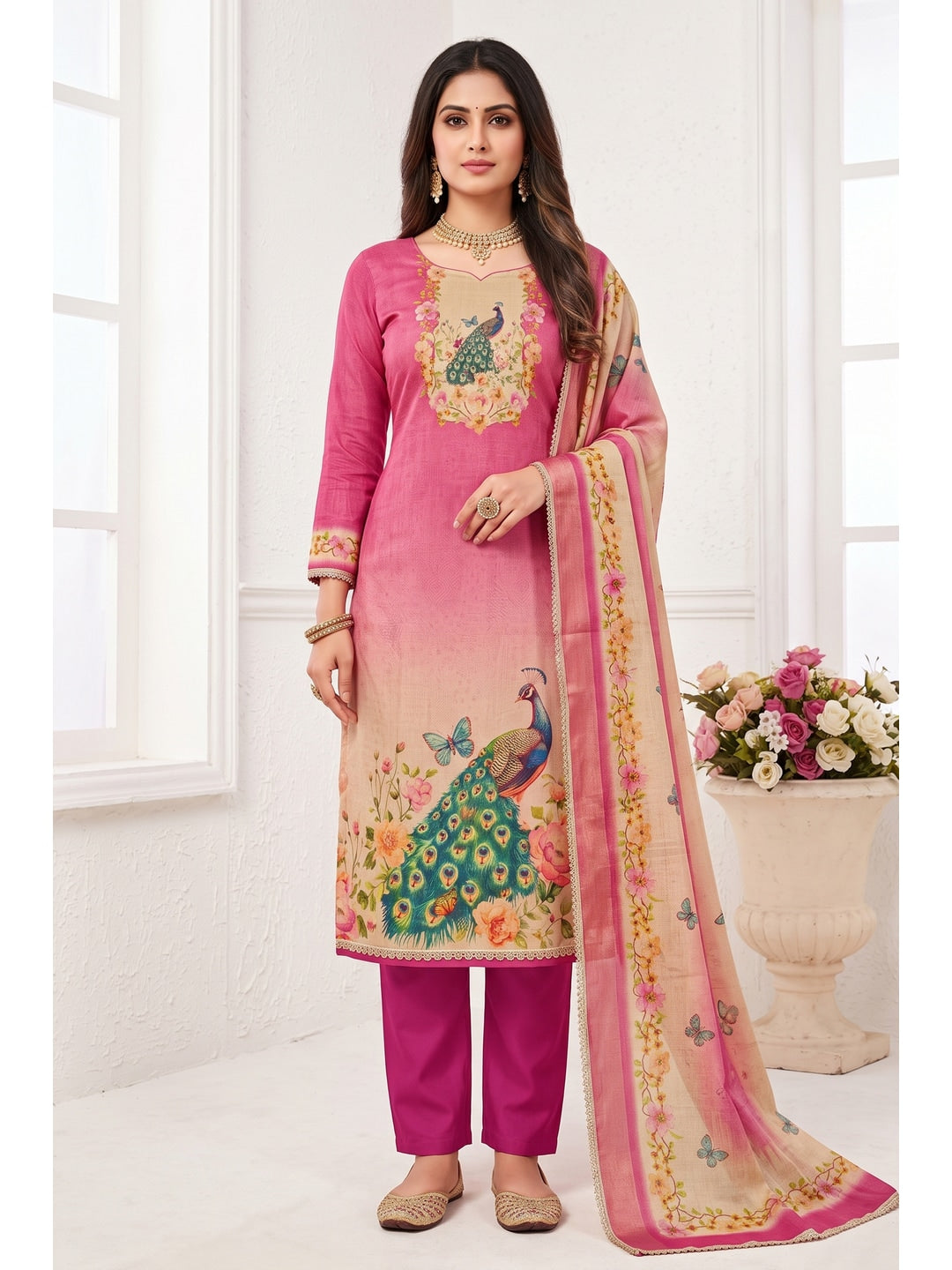 Peachmode Pink Peacock Printed Cotton Unstitched Dress Material - Image 2
