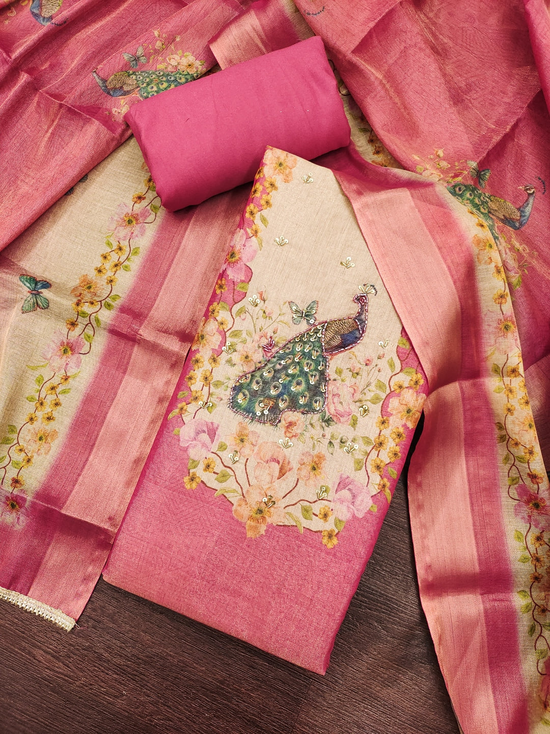 Peachmode Pink Peacock Printed Cotton Unstitched Dress Material - Image 4