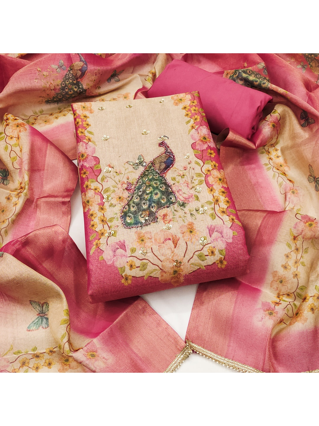 Peachmode Pink Peacock Printed Cotton Unstitched Dress Material - Image 5