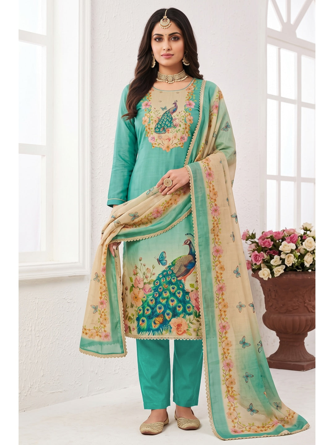 Peachmode Green Peacock Printed Cotton Unstitched Dress Material - Image 2