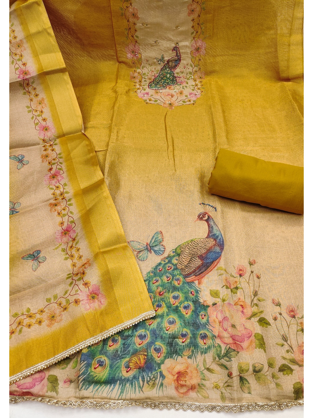 Peachmode Yellow Peacock Printed Cotton Unstitched Dress Material - Image 3