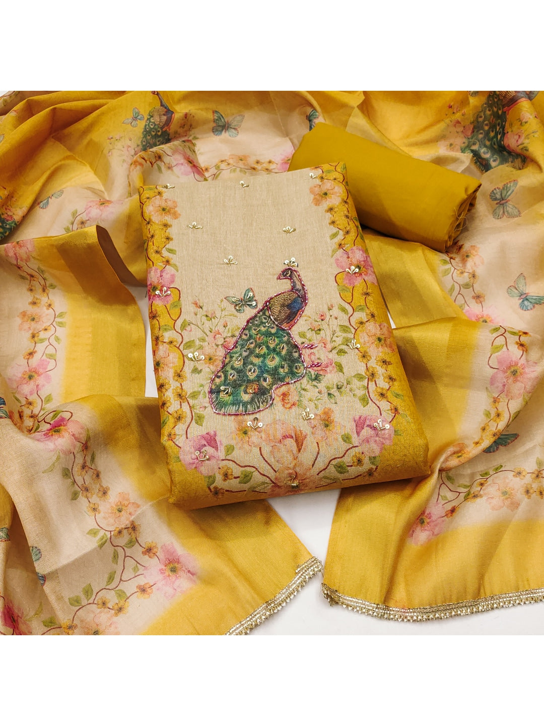 Peachmode Yellow Peacock Printed Cotton Unstitched Dress Material - Image 5