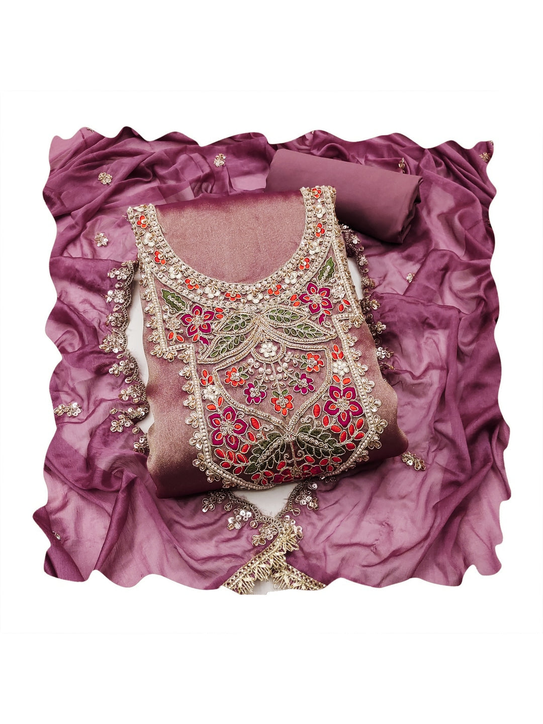 Peachmode Mauve Embroidered Viscose Unstitched Dress Material - Image 1