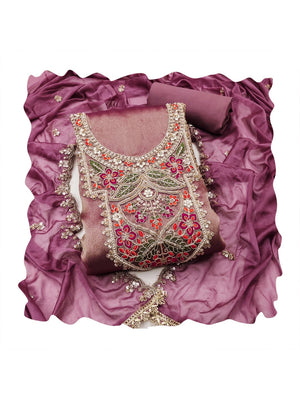 Peachmode Mauve Embroidered Viscose Unstitched Dress Material - Image 1