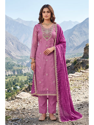 Peachmode Mauve Embroidered Viscose Unstitched Dress Material - Image 2