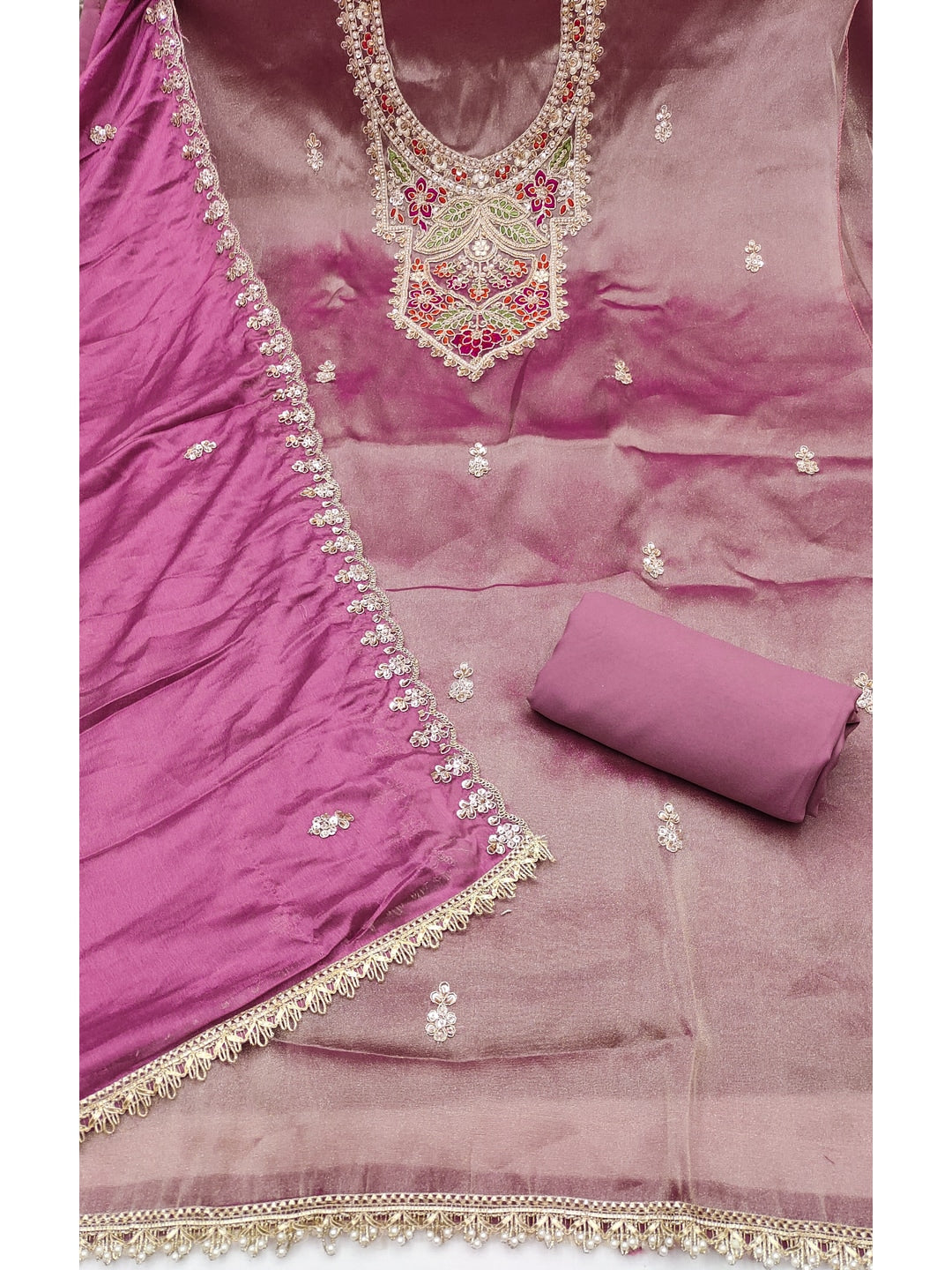 Peachmode Mauve Embroidered Viscose Unstitched Dress Material - Image 3