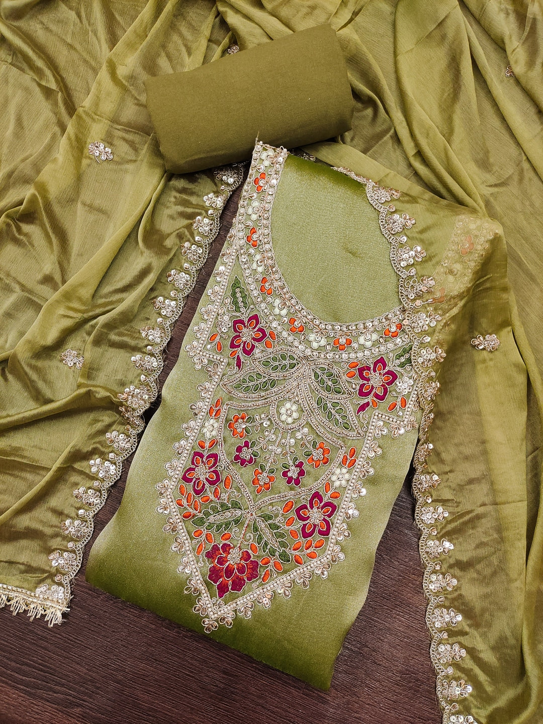 Peachmode Olive Green Embroidered Viscose Unstitched Dress Material - Image 4