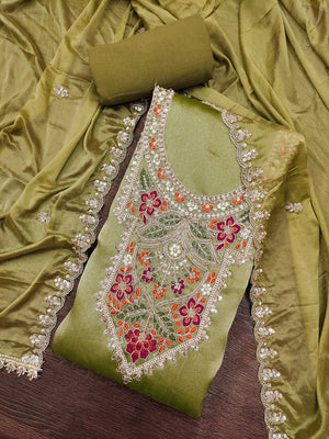 Peachmode Olive Green Embroidered Viscose Unstitched Dress Material - Image 1