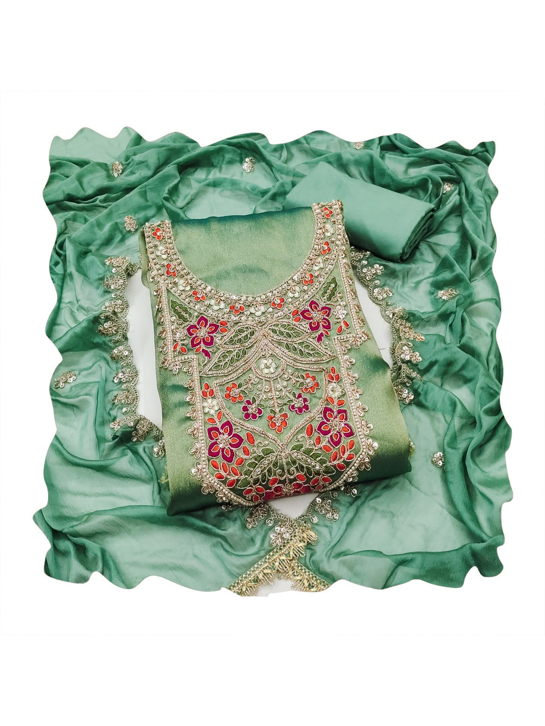 Peachmode Sea Green Embroidered Viscose Unstitched Dress Material - Image 1