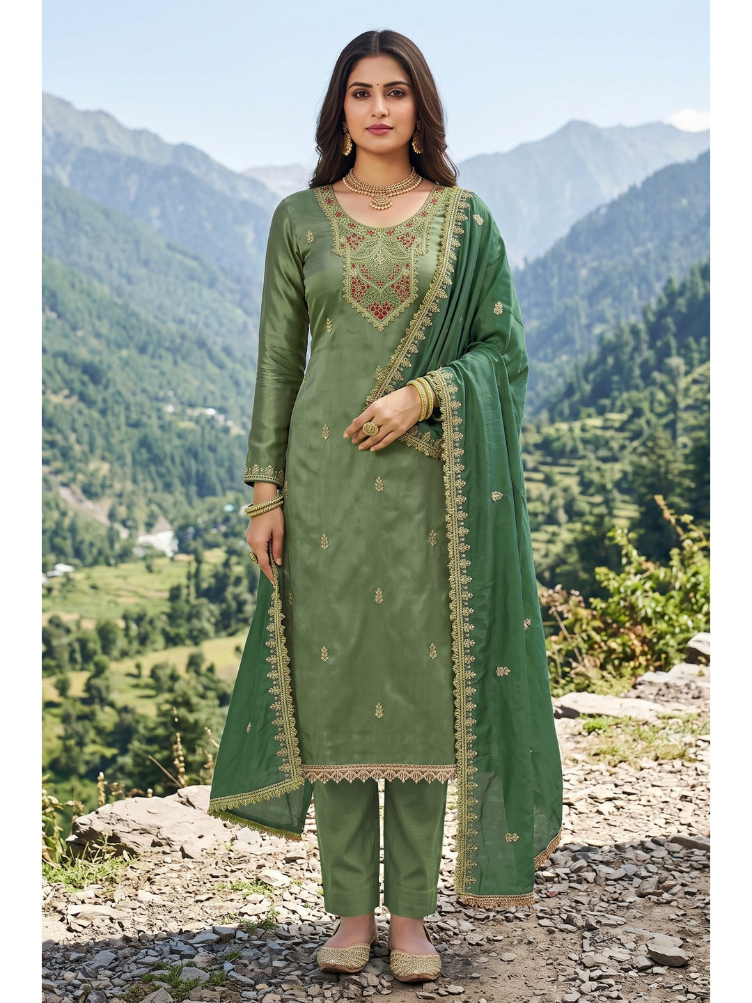 Peachmode Sea Green Embroidered Viscose Unstitched Dress Material - Image 2