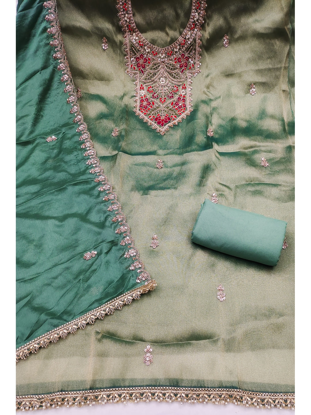 Peachmode Sea Green Embroidered Viscose Unstitched Dress Material - Image 3