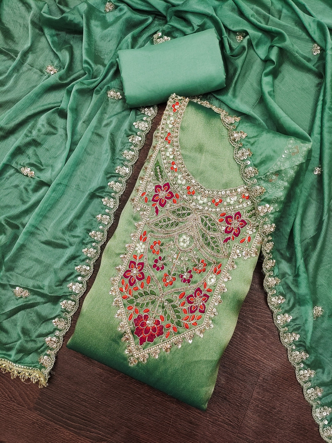 Peachmode Sea Green Embroidered Viscose Unstitched Dress Material - Image 4