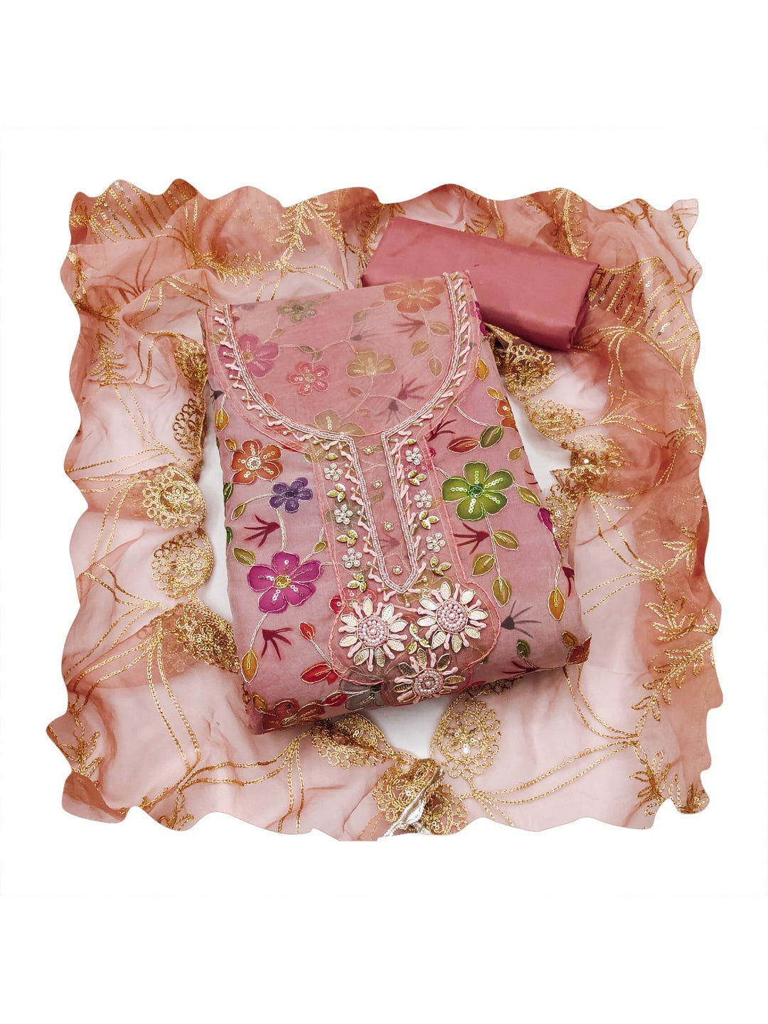 Peachmode Peach Floral Printed Viscose Unstitched Dress Material - Image 1