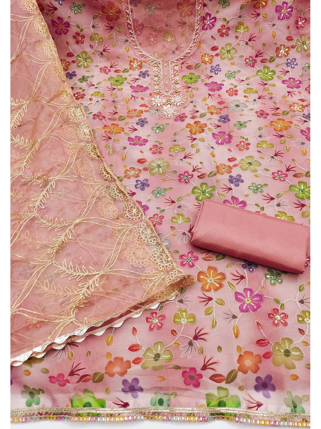 Peachmode Peach Floral Printed Viscose Unstitched Dress Material - Image 3