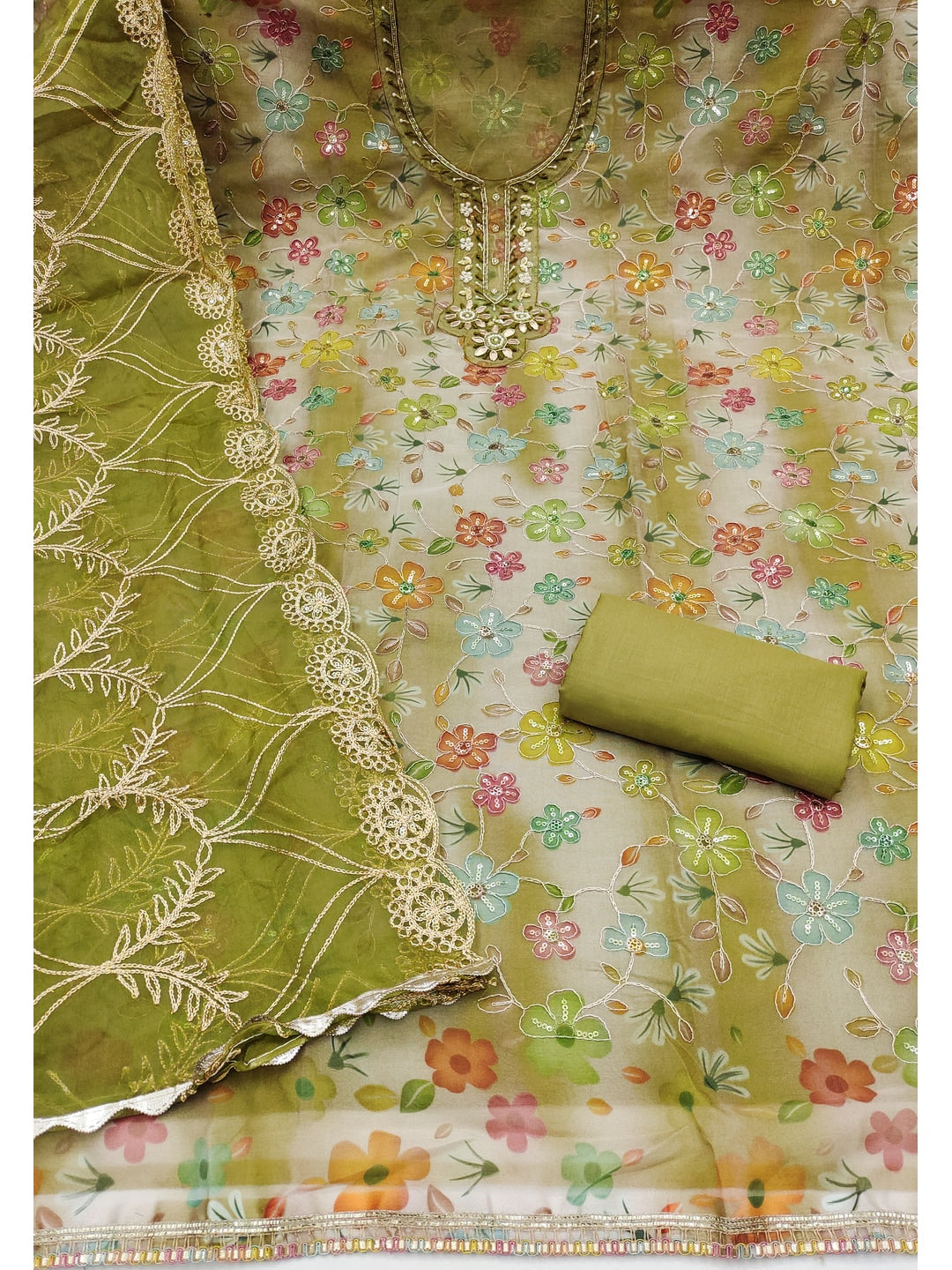 Peachmode Olive Green Floral Printed Viscose Unstitched Dress Material - Image 3