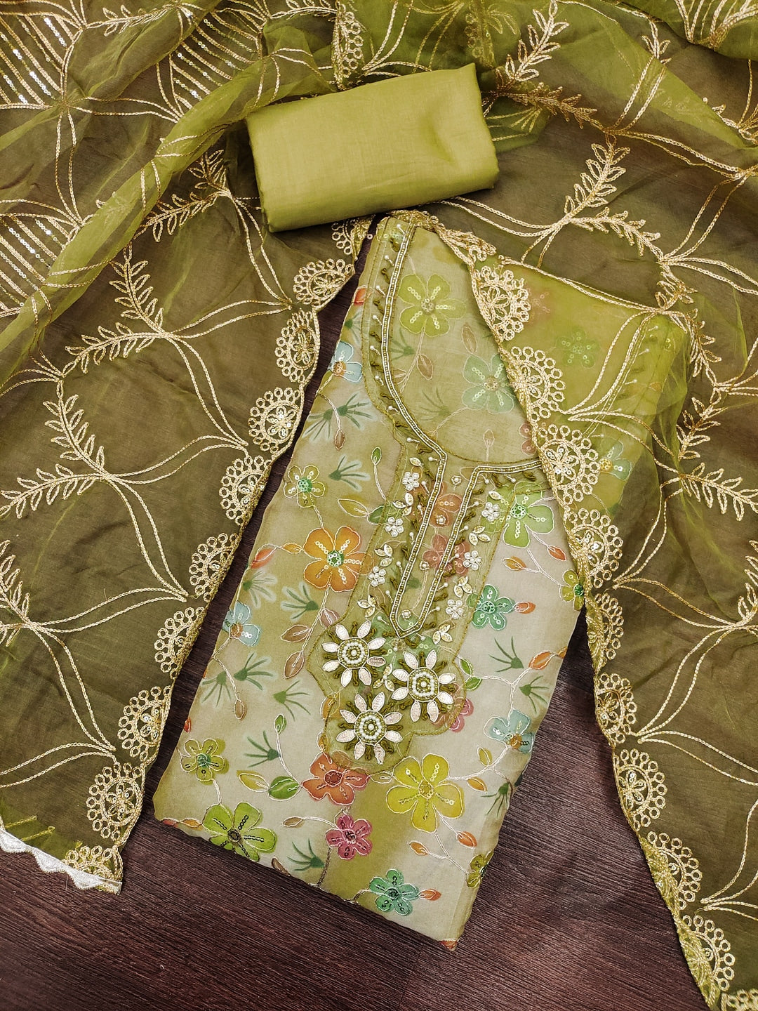 Peachmode Olive Green Floral Printed Viscose Unstitched Dress Material - Image 4