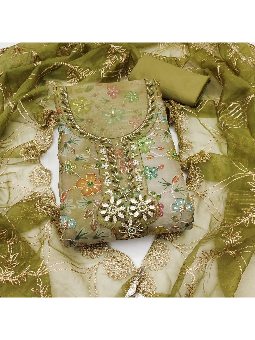Peachmode Olive Green Floral Printed Viscose Unstitched Dress Material - Image 5