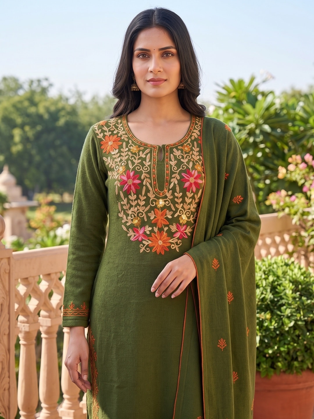 Peachmode Olive Green Woolen Salwar Suit With Floral Embroidery - Image 5