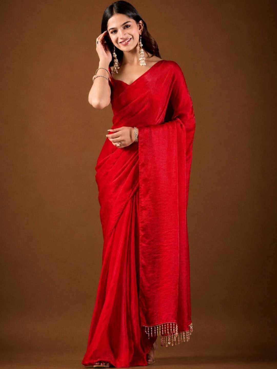 Peachmode Red Solid Fendy Satin Saree with Beaded Tassel Border - Image 1