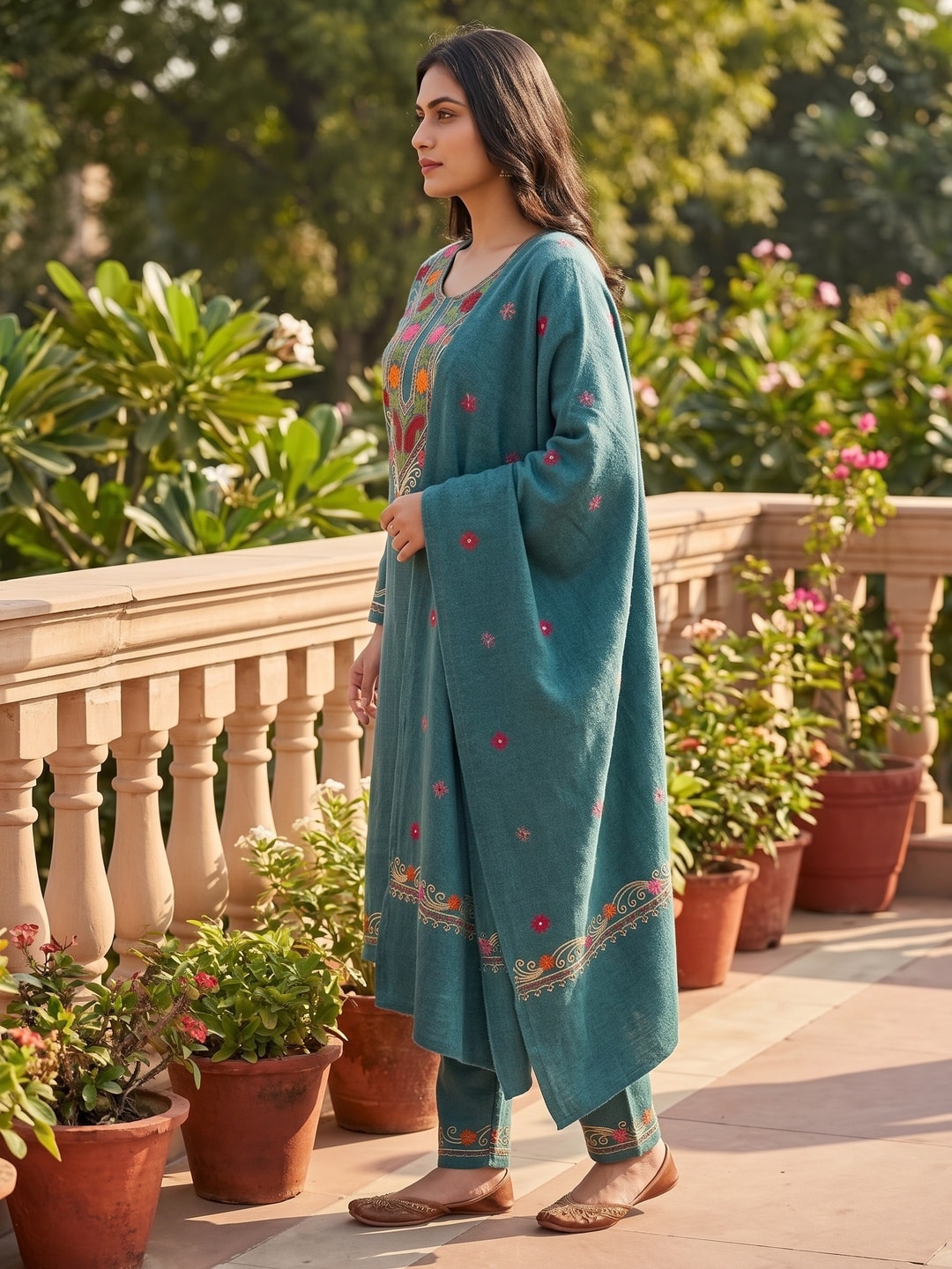 Peachmode Teal Woolen Salwar Suit With Floral Embroidery - Image 3