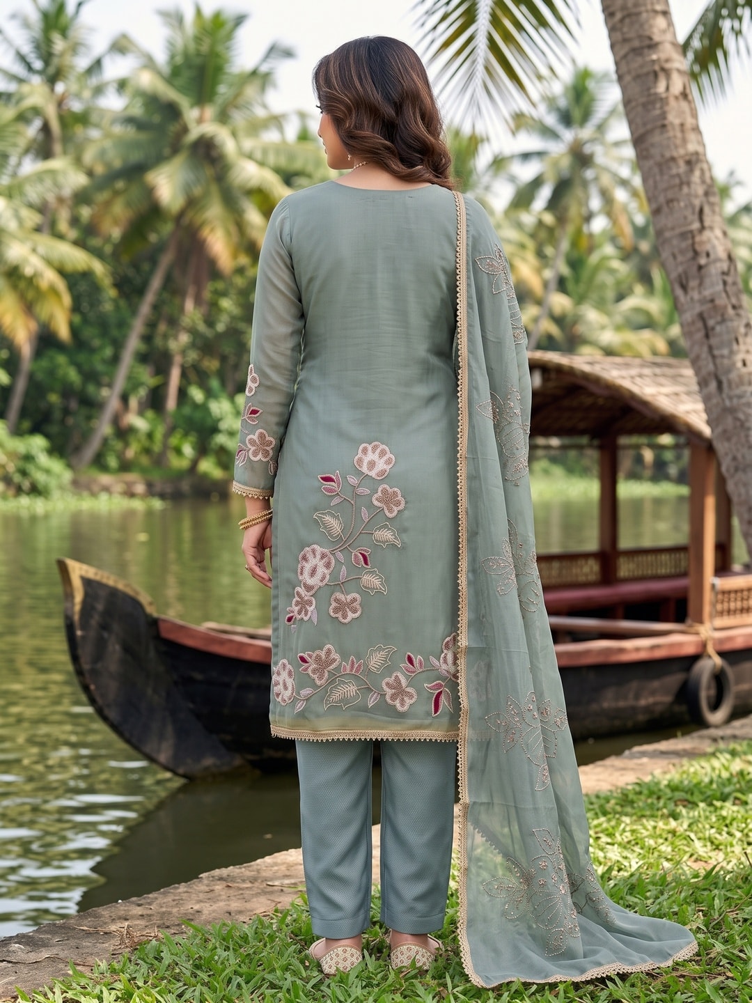 Peachmode Green Embroidered Viscose Unstitched Dress Material - Image 3