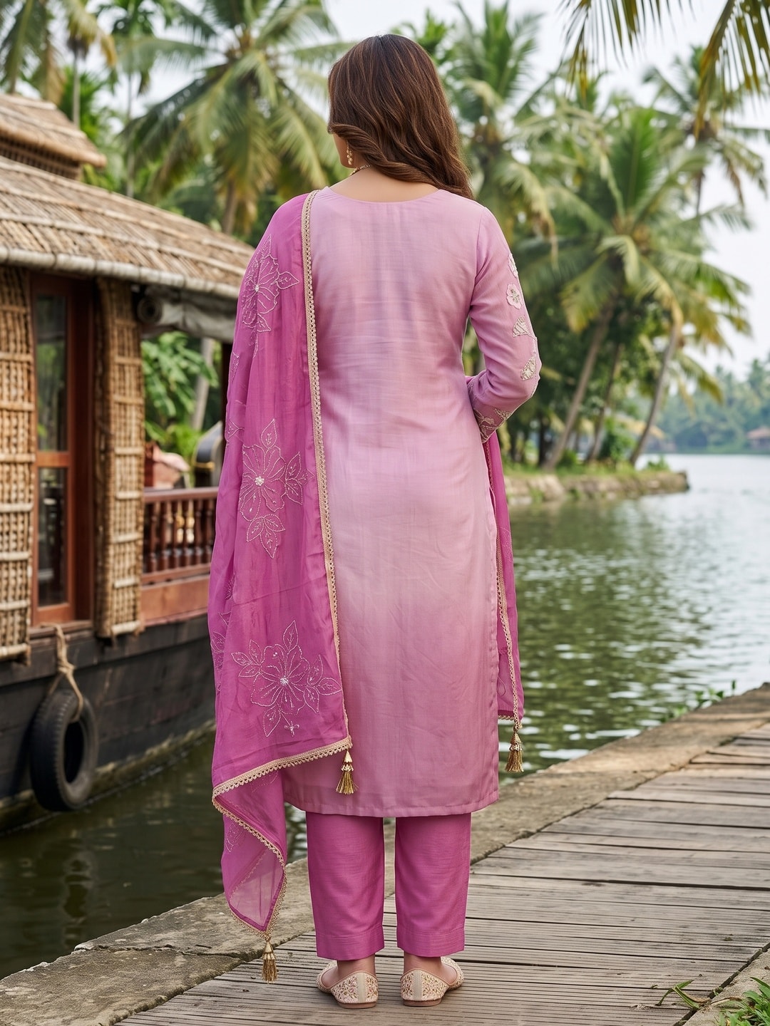 Peachmode Pink Embroidered Viscose Unstitched Dress Material - Image 3