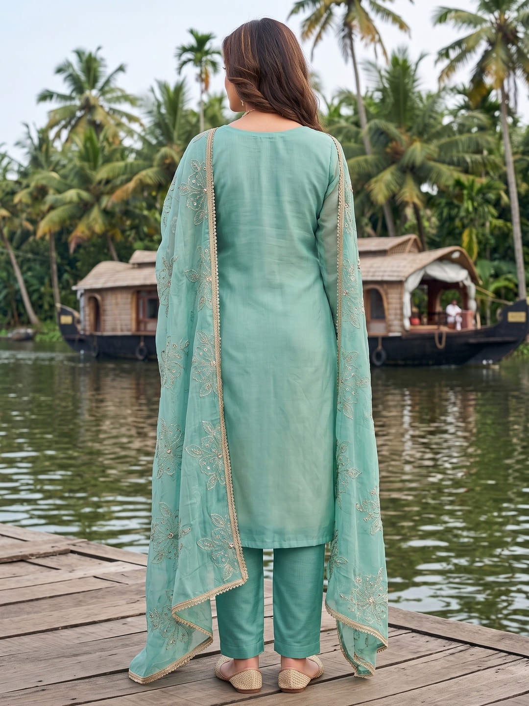 Peachmode Turquoise Embroidered Viscose Unstitched Dress Material - Image 3
