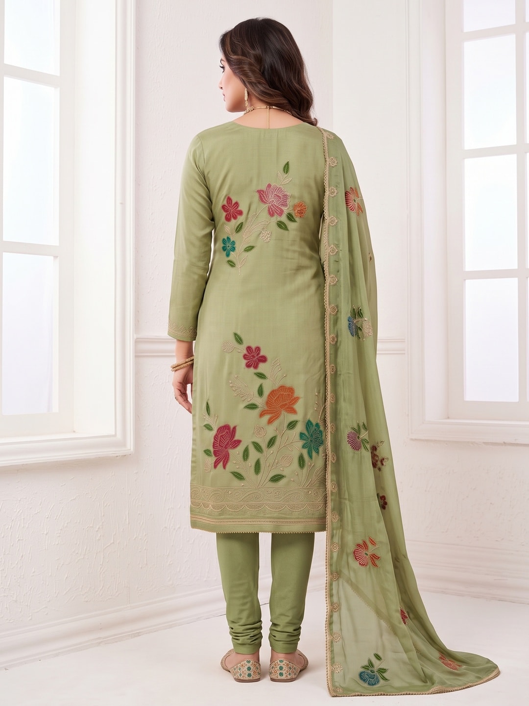 Peachmode Green Floral Viscose Unstitched Dress Material - Image 3