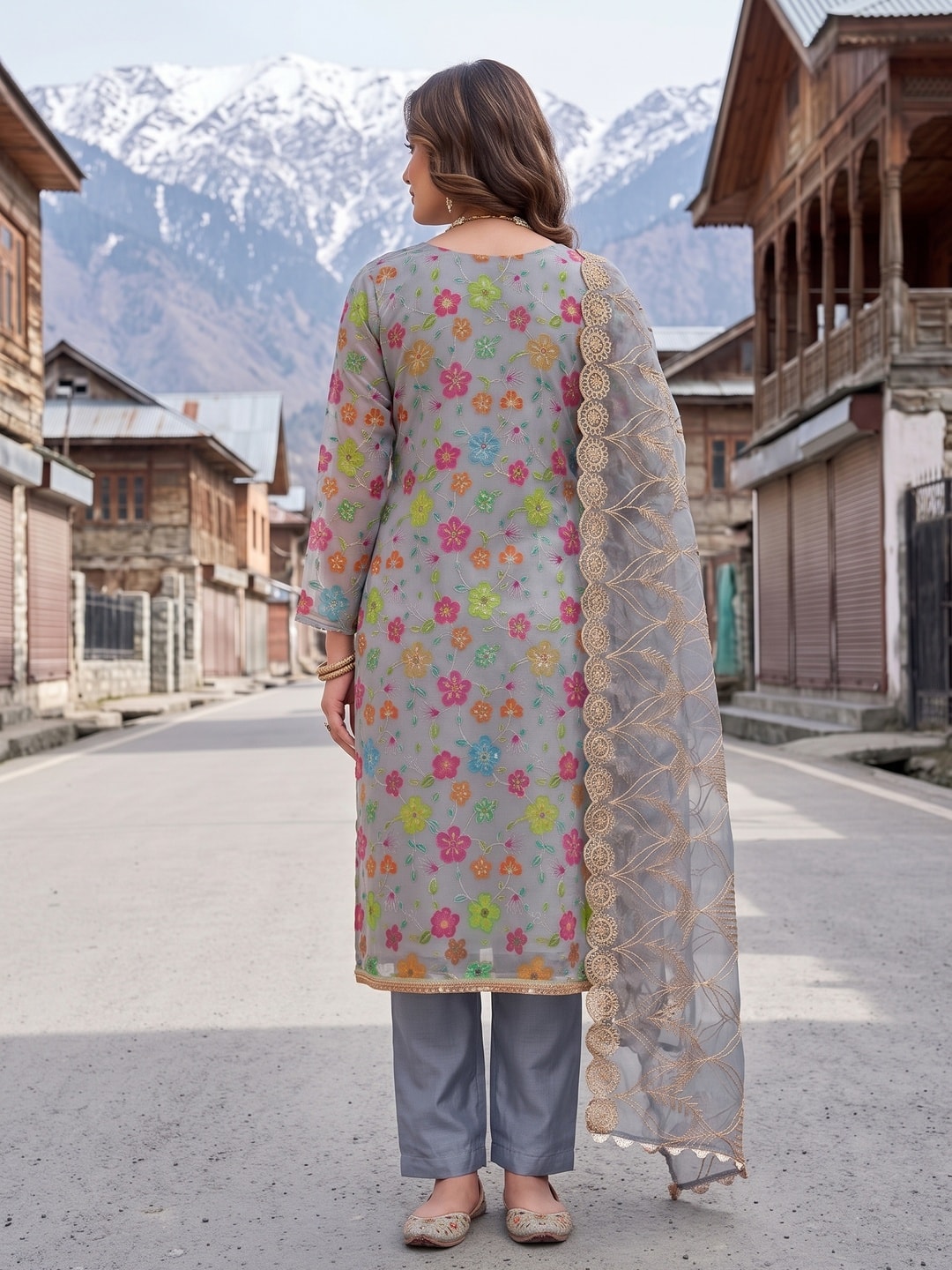 Peachmode Grey Floral Printed Viscose Unstitched Dress Material - Image 3