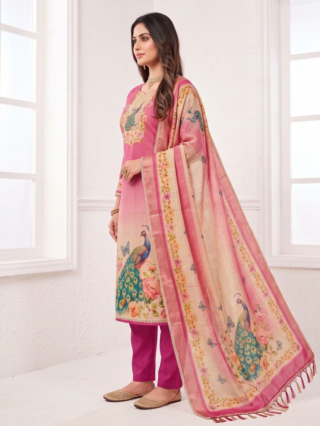 Peachmode Pink Peacock Printed Cotton Unstitched Dress Material - Image 3