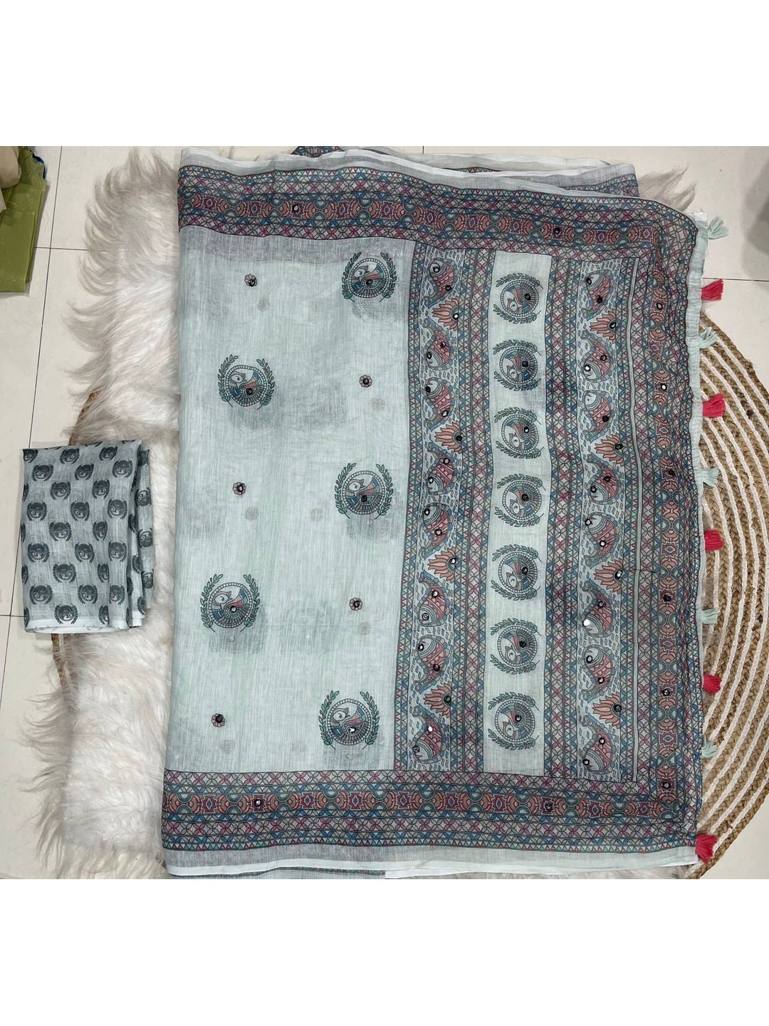 Peachmode Grey Peacock Printed Linen Saree With Mirror Work - Image 5