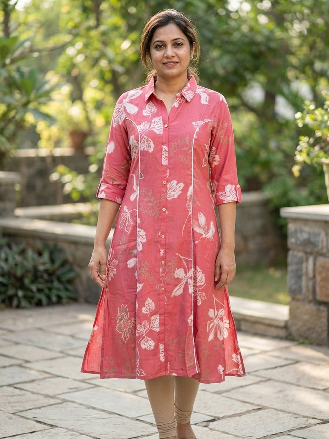 Peachmode Pink Floral Print Viscose Blend Shirt Kurti - Image 1